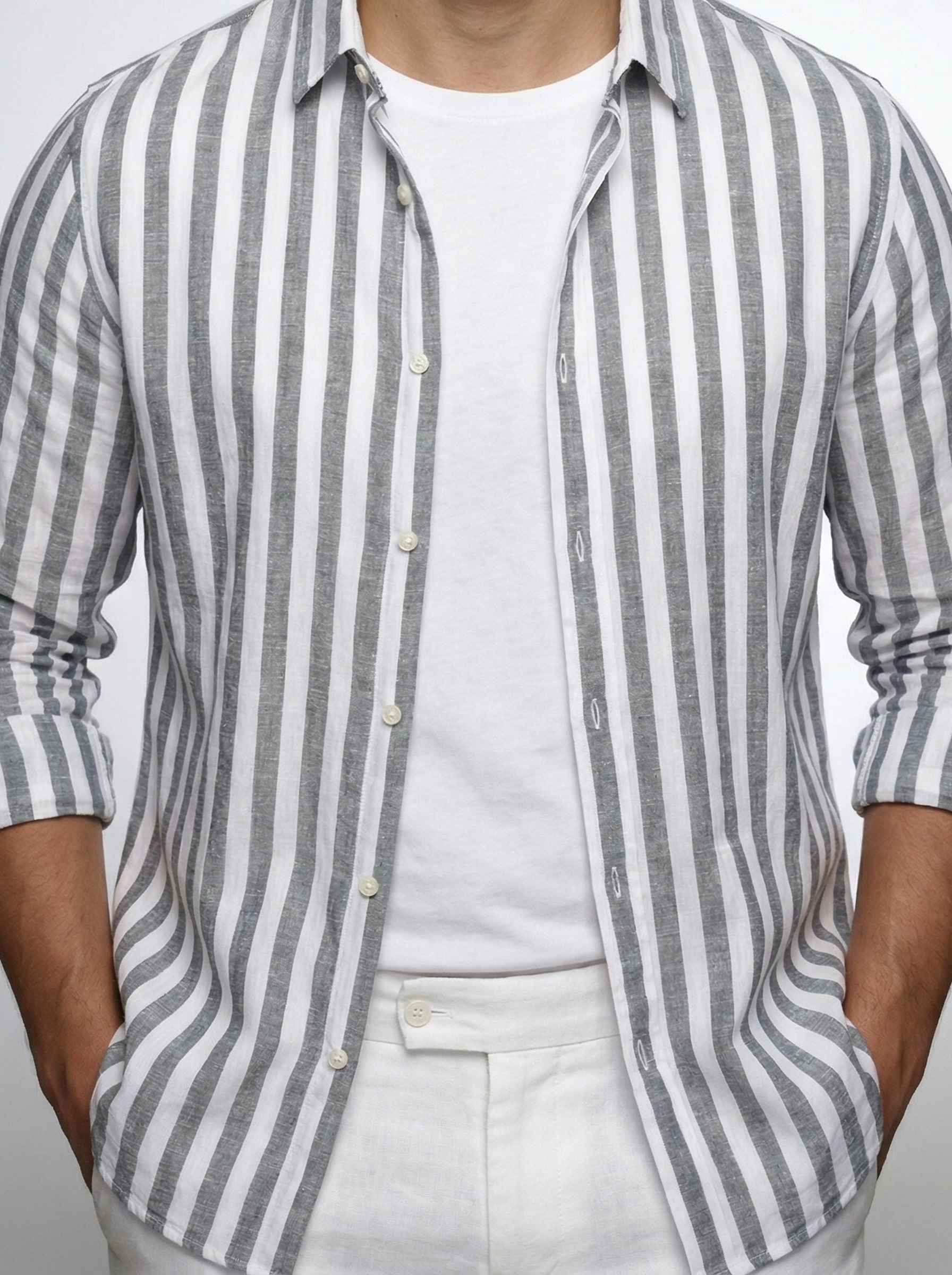 Men's Striped Cotton Long Sleeve Spread Collar Shirt