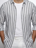 Men's Striped Cotton Long Sleeve Spread Collar Summer Shirt