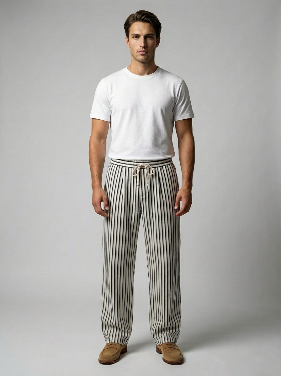 Men's Striped Drawstring Wide Leg Trousers