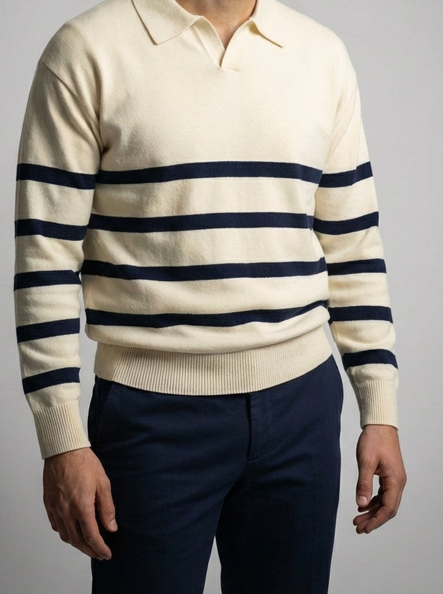Men's Striped Knit Long Sleeve Polo Shirt