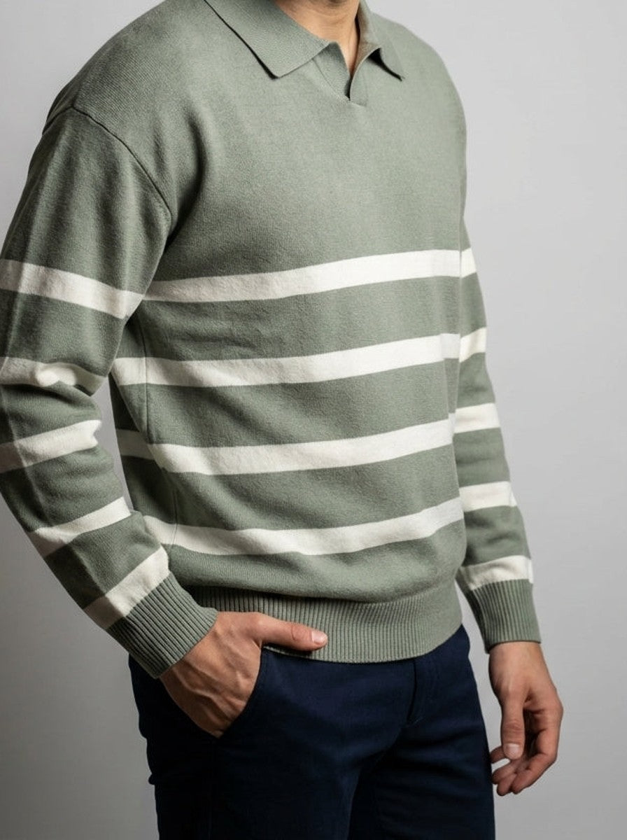 Men's Striped Knit Long Sleeve Polo Shirt