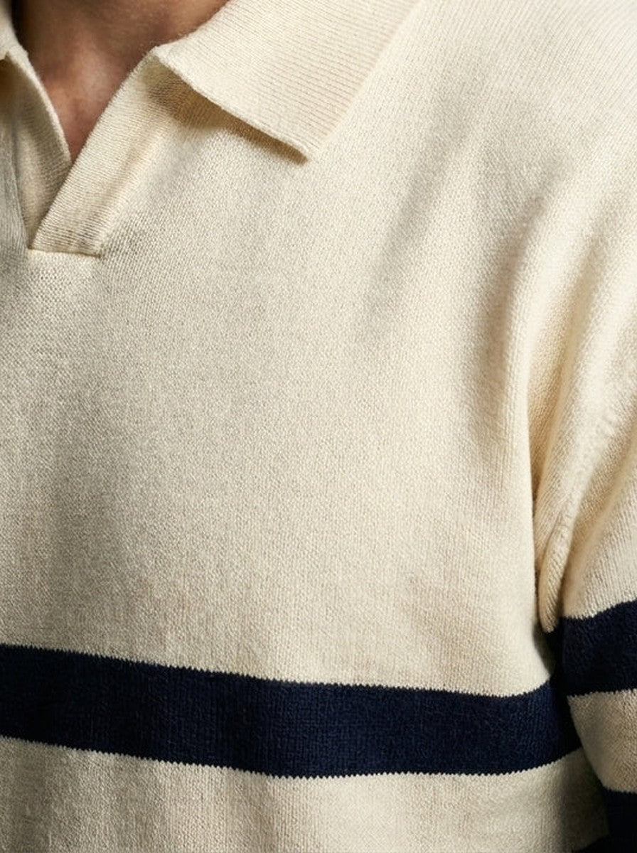 Men's Striped Knit Long Sleeve Polo Shirt