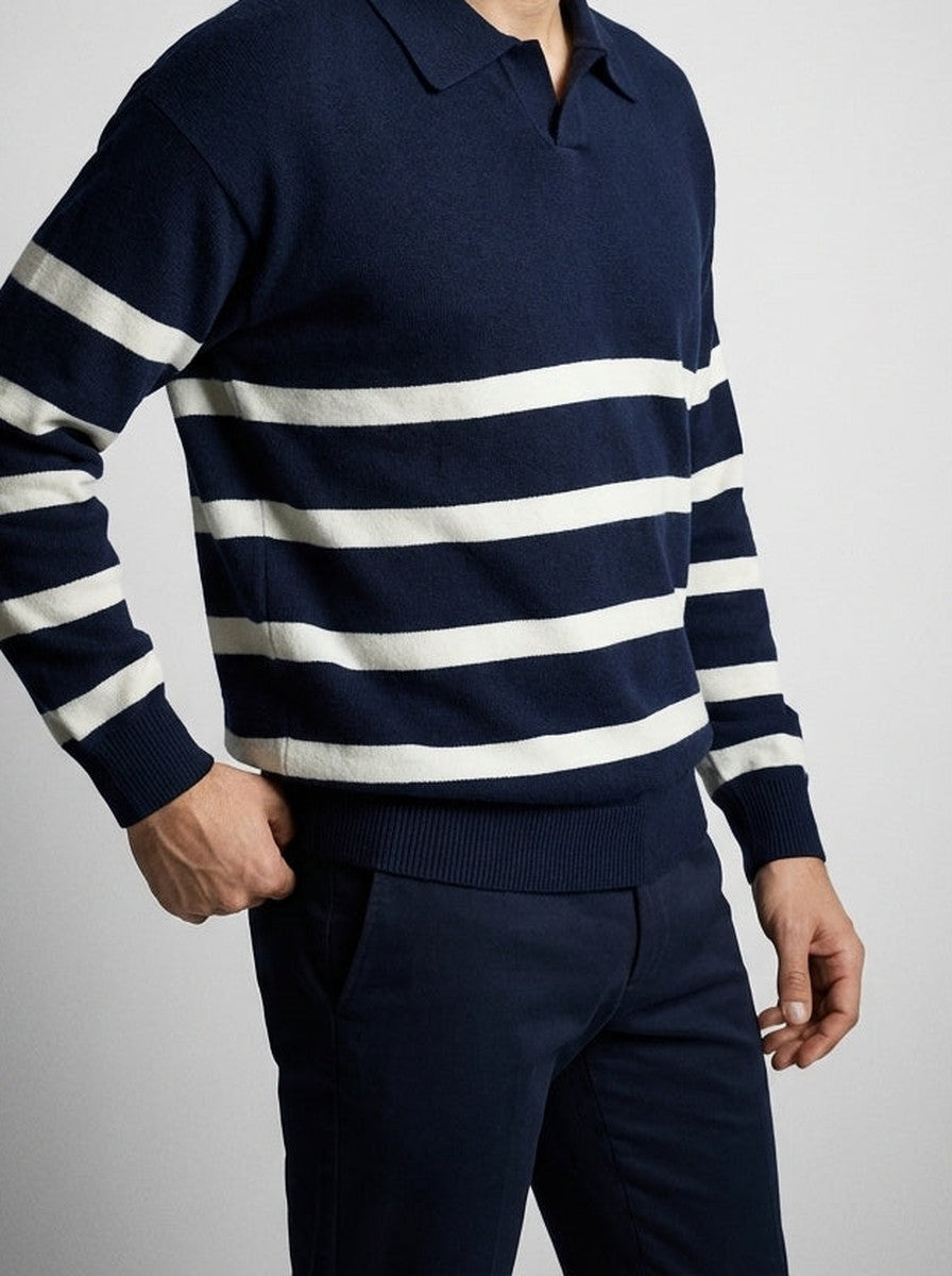 Men's Striped Knit Long Sleeve Polo Shirt