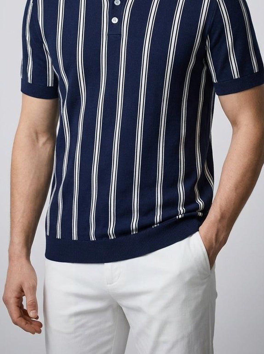 Men's Striped Knit Spread Collar Polo Shirt