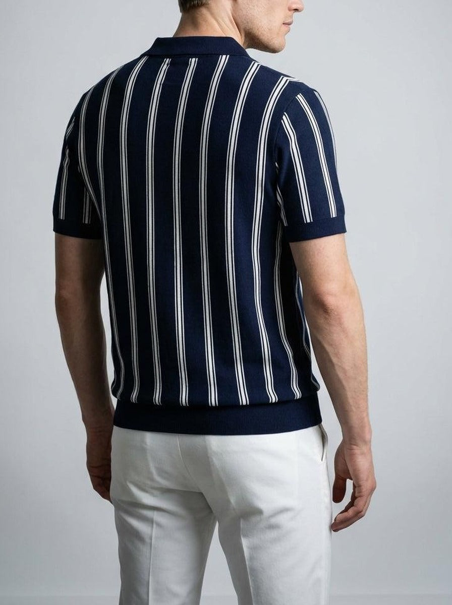 Men's Striped Knit Spread Collar Summer Polo Shirt