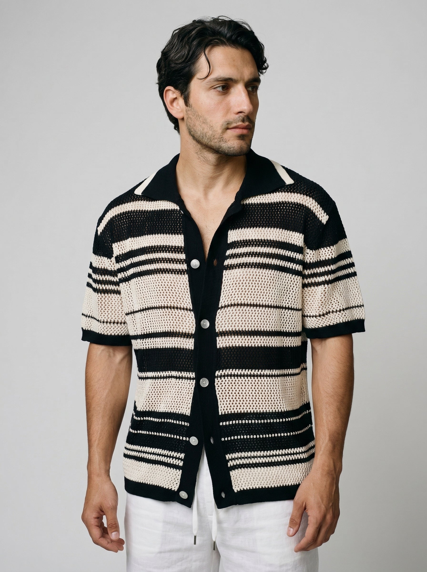 Men's Striped Mesh Knit Camp Collar Shirt