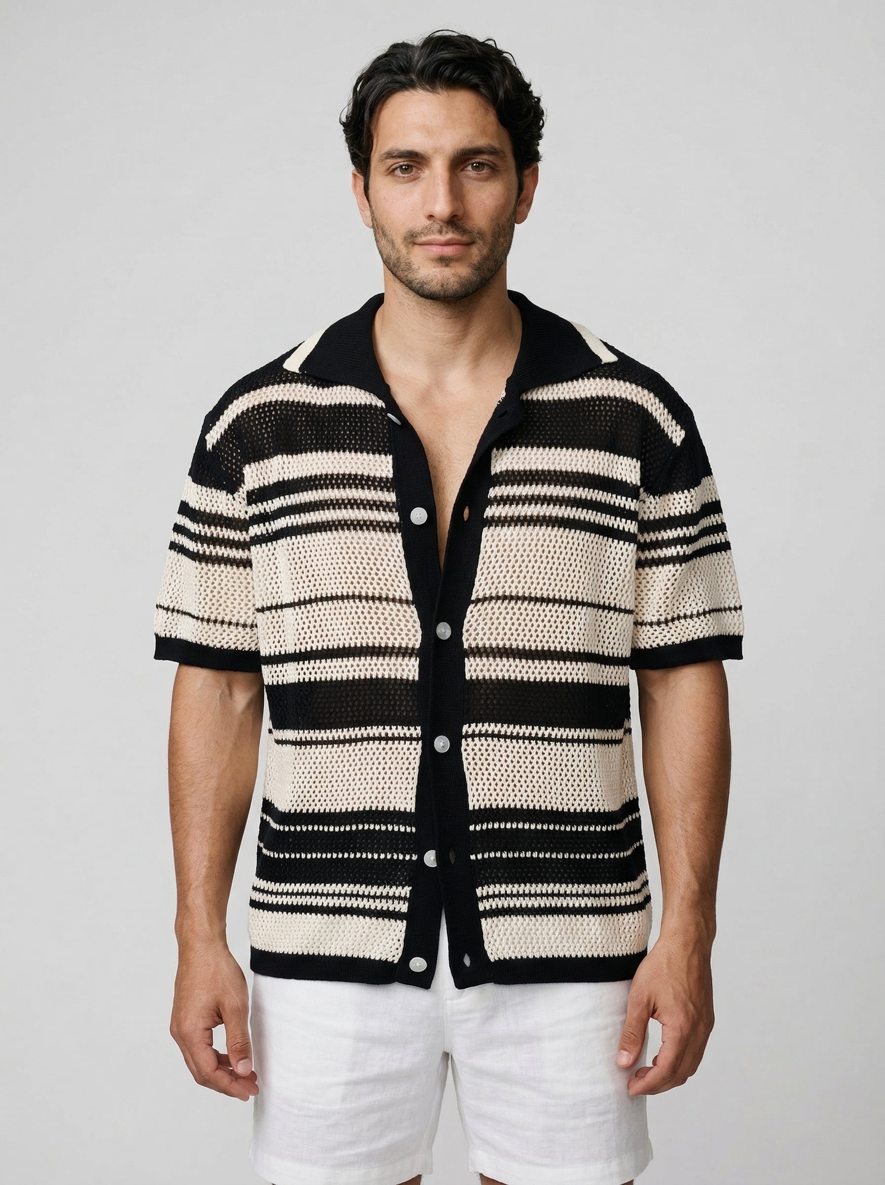Men's Striped Mesh Knit Camp Collar Shirt
