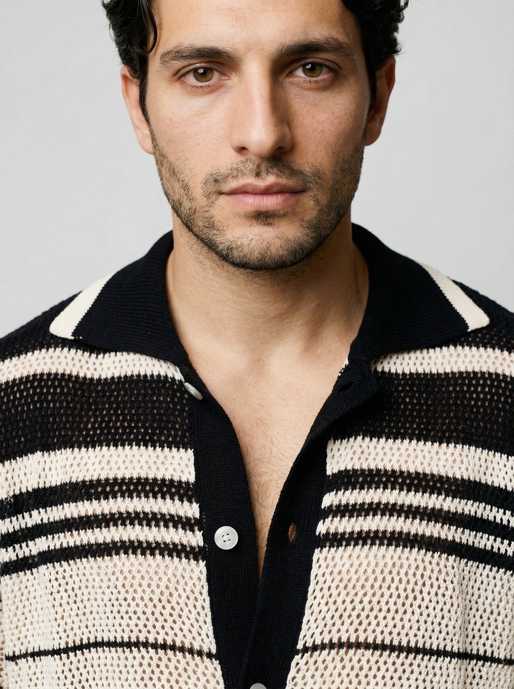 Men's Striped Mesh Knit Camp Collar Shirt