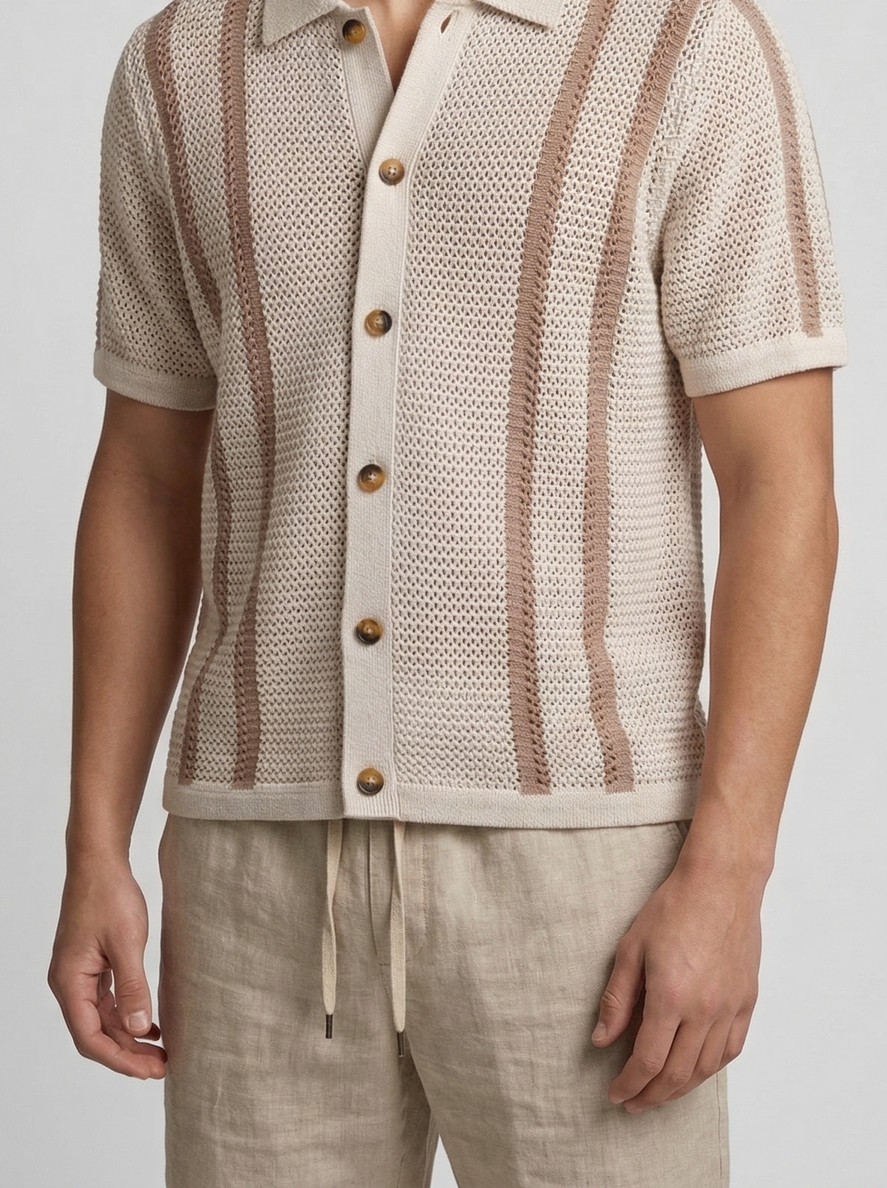 Men's Striped Open Weave Knit Button Down Summer Shirt