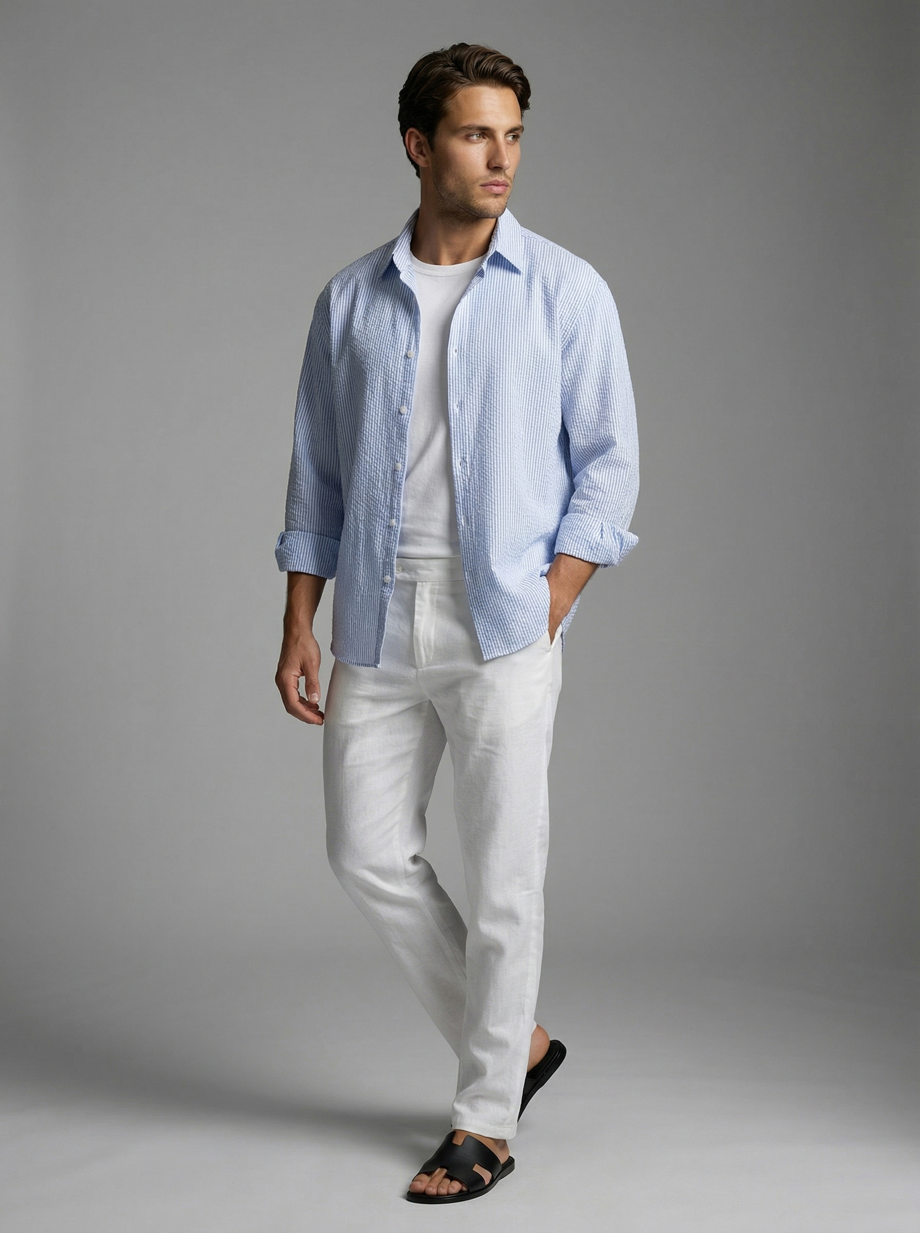 Men's Striped Seersucker Cotton Oversized Shirt