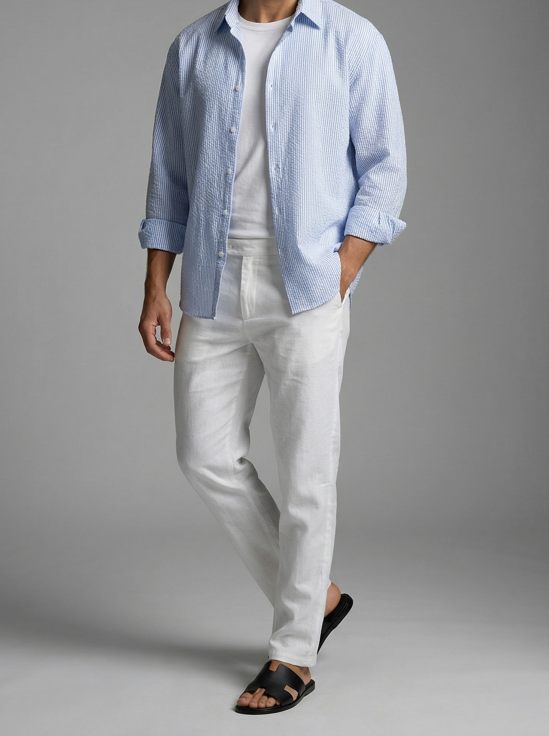 Men's Striped Seersucker Cotton Oversized Summer Shirt