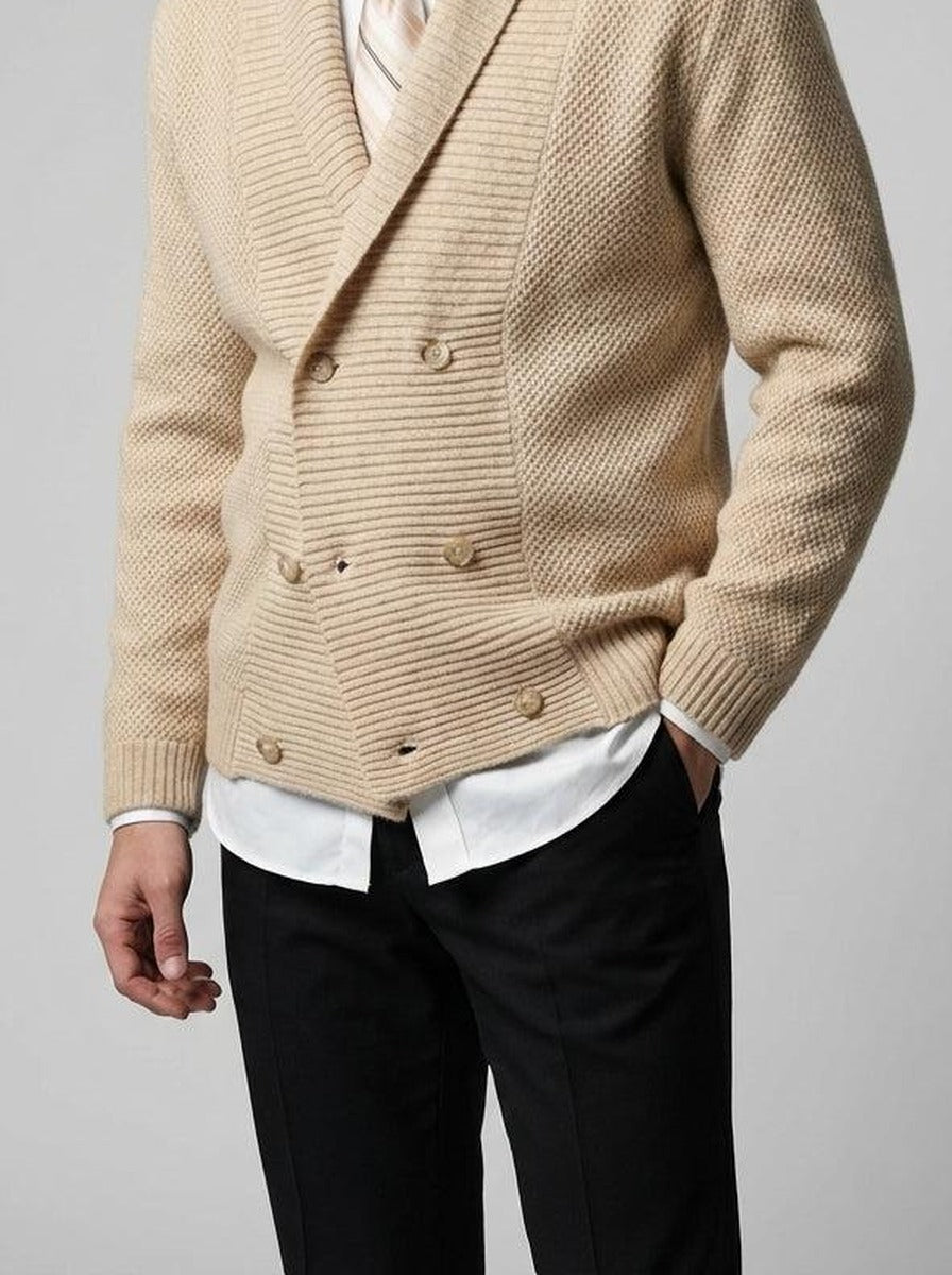 Men's Waffle Knit Double Breasted Shawl Collar Cardigan