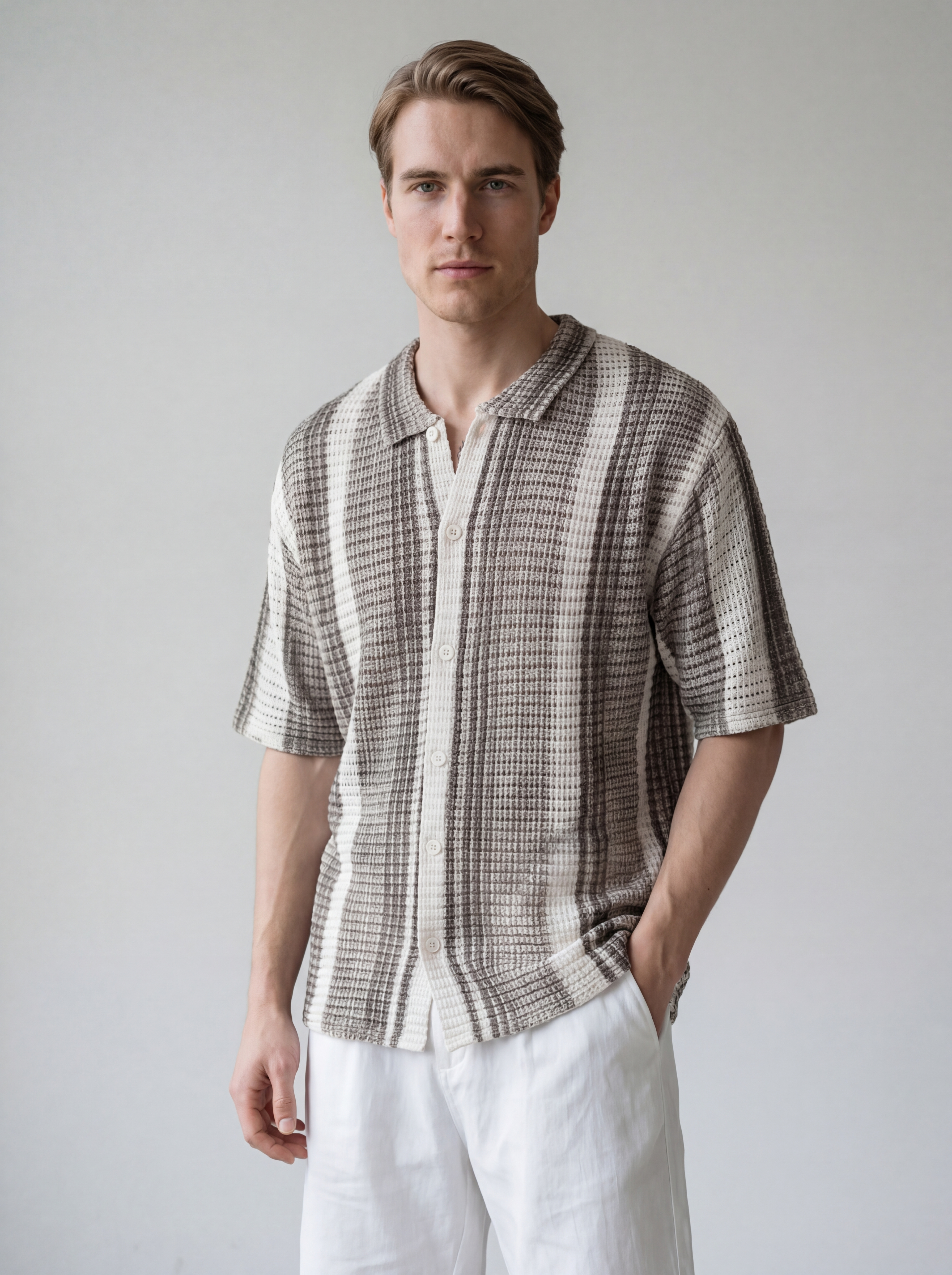 Men's Waffle Knit Oversized Camp Collar Shirt