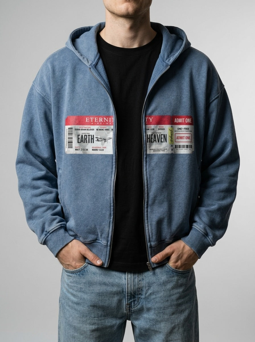 Men's Washed Zip Hooded Sweatshirt with Front Graphic Print