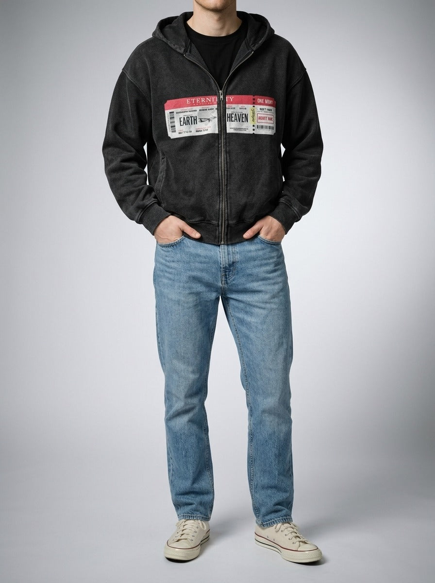 Men's Washed Zip Hooded Sweatshirt with Front Graphic Print