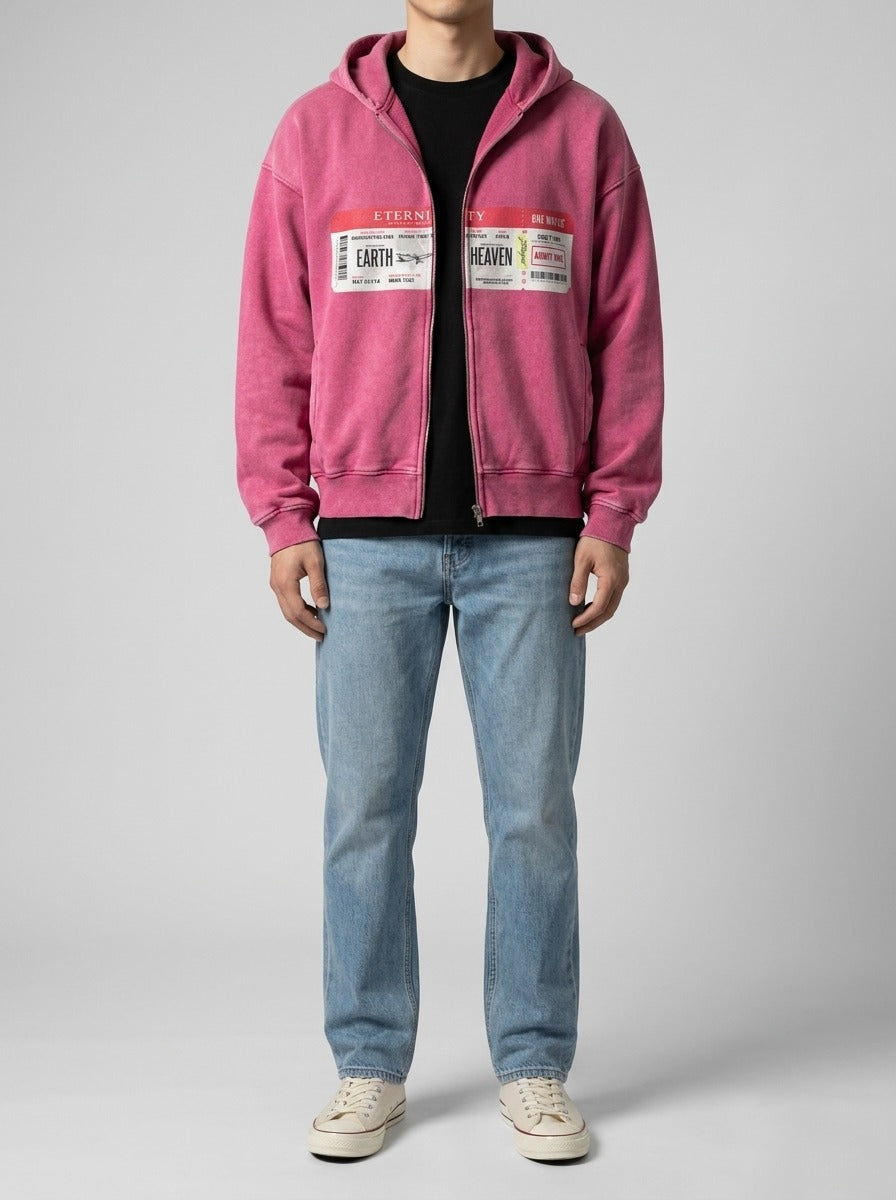 Men's Washed Zip Hooded Sweatshirt with Front Graphic Print