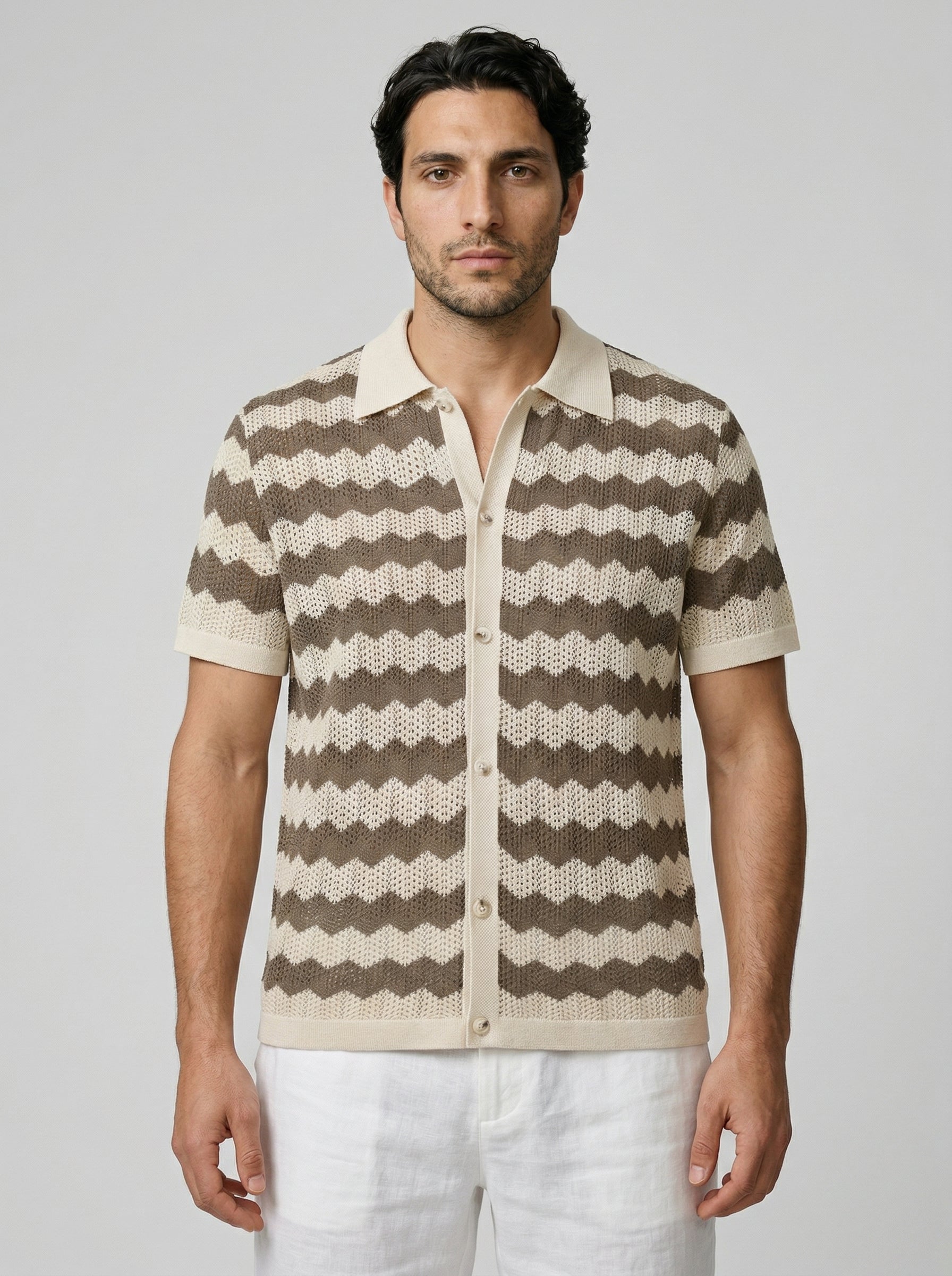 Men's Zigzag Crochet Knit Camp Collar Shirt