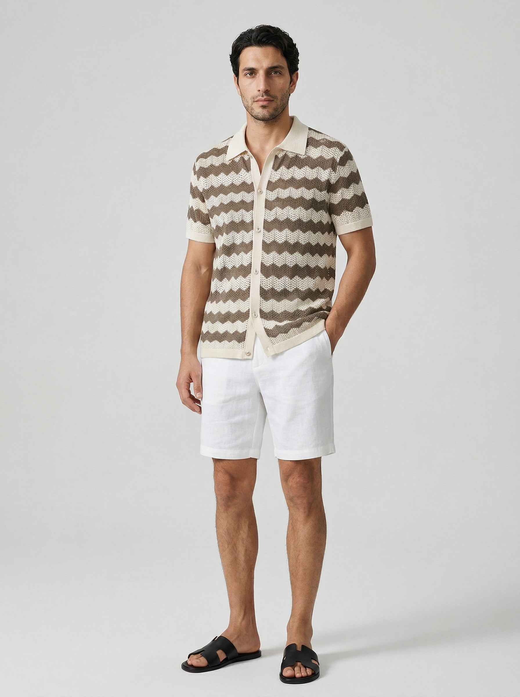Men's Zigzag Crochet Knit Camp Collar Shirt