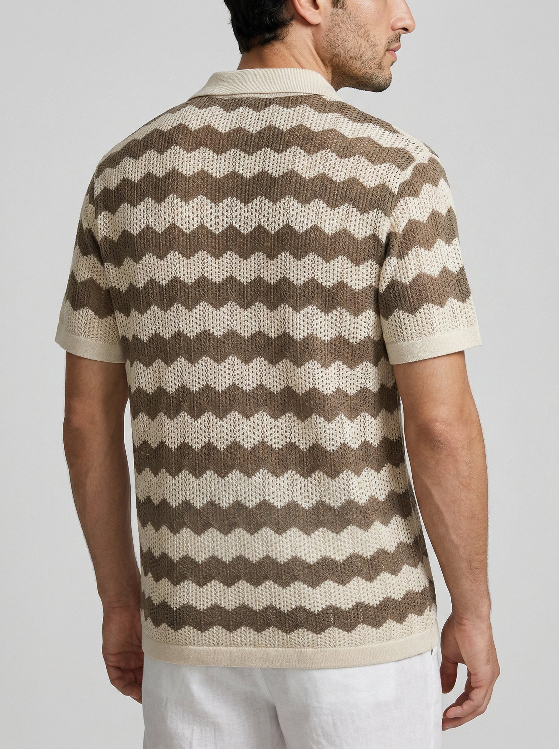 Men's Zigzag Crochet Knit Camp Collar Shirt