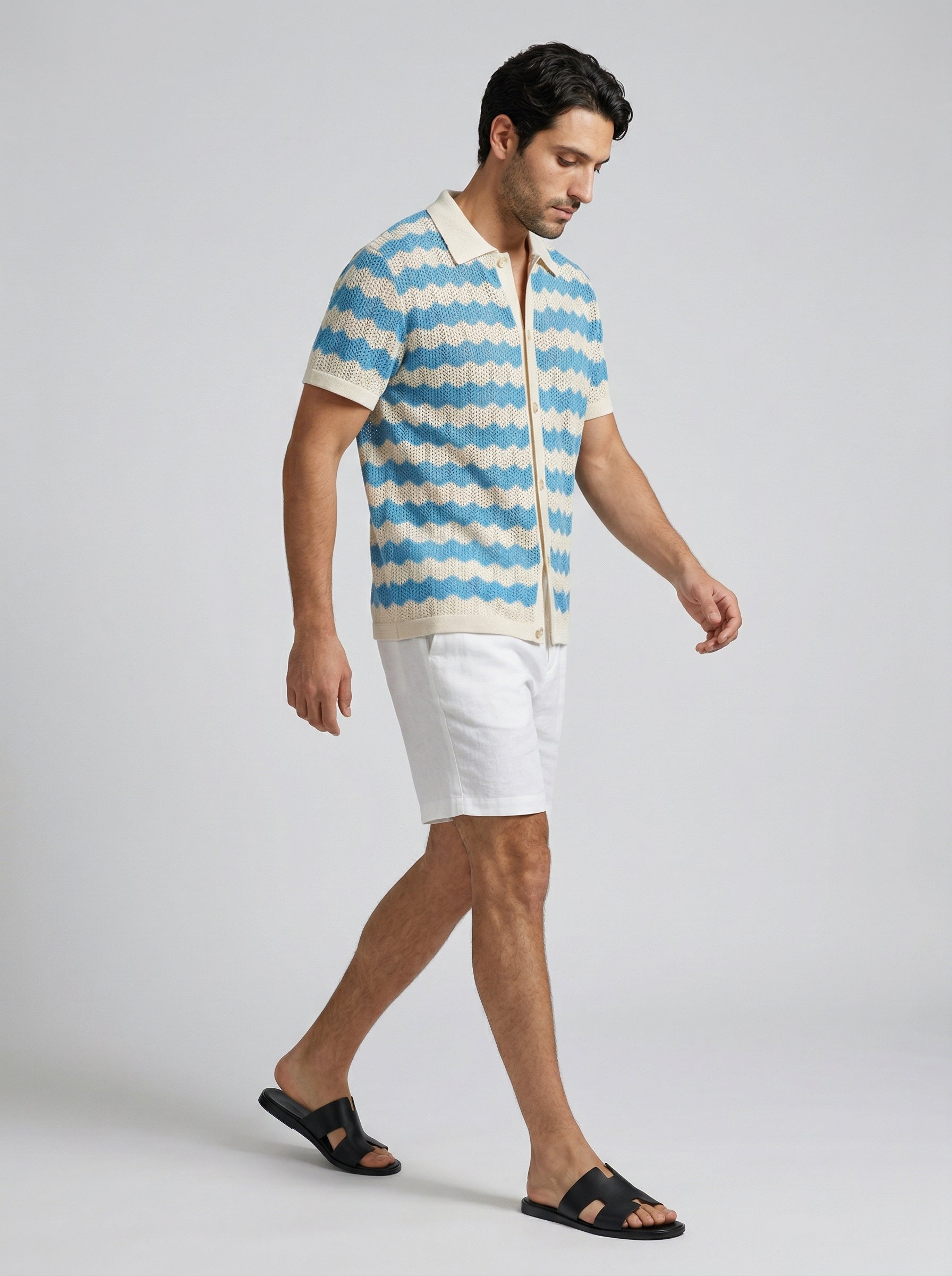 Men's Zigzag Crochet Knit Camp Collar Shirt