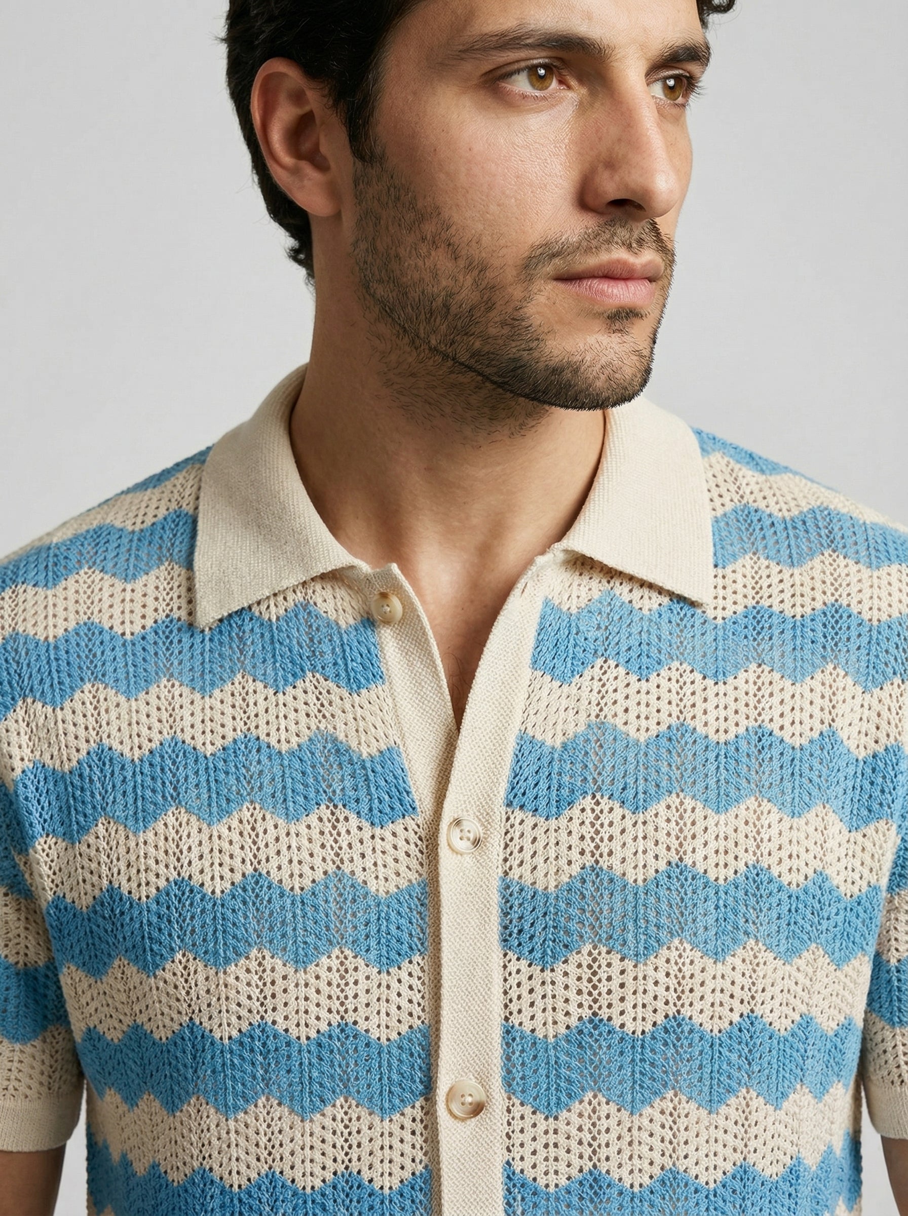 Men's Zigzag Crochet Knit Camp Collar Shirt