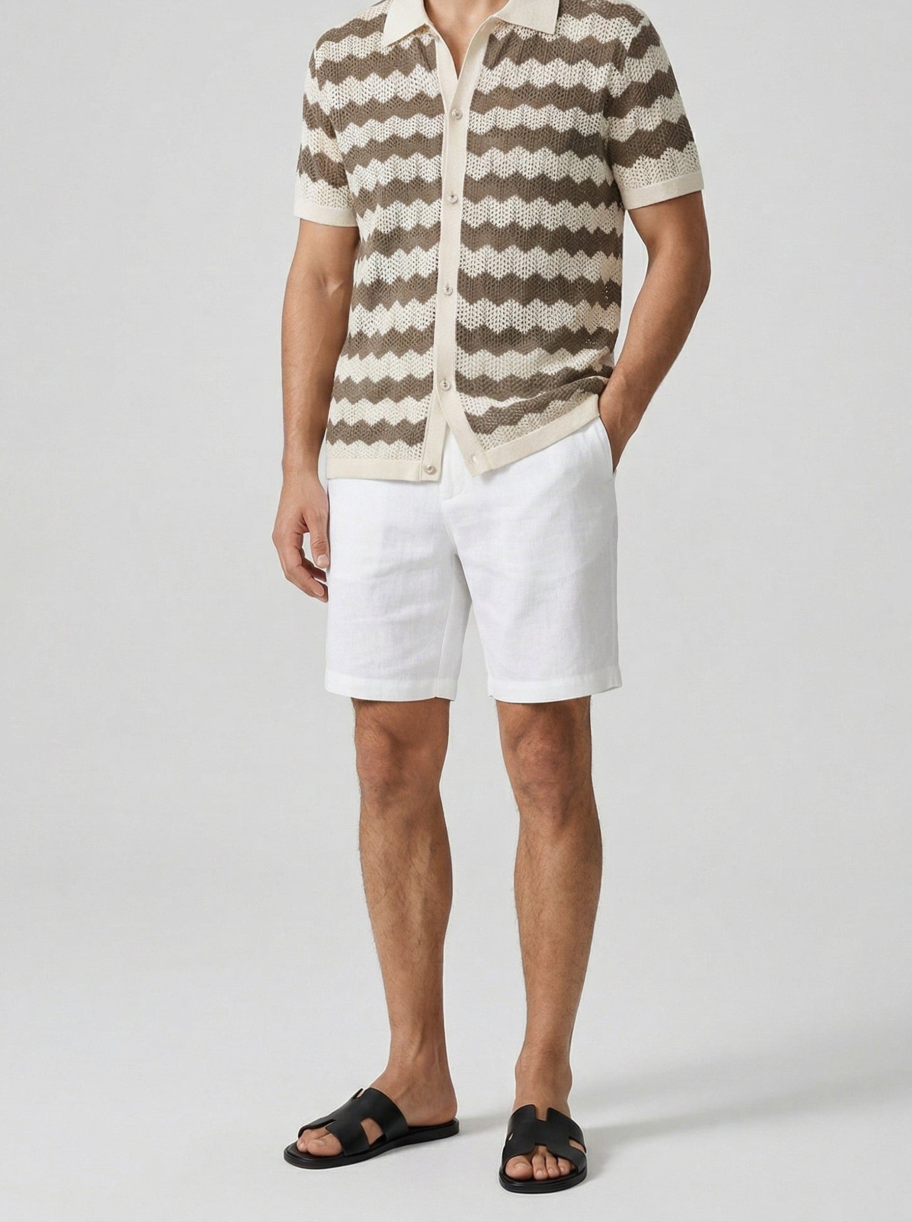 Men's Zigzag Crochet Knit Camp Collar Short Sleeve Summer Shirt