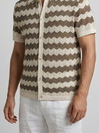Men's Zigzag Crochet Knit Camp Collar Short Sleeve Summer Shirt