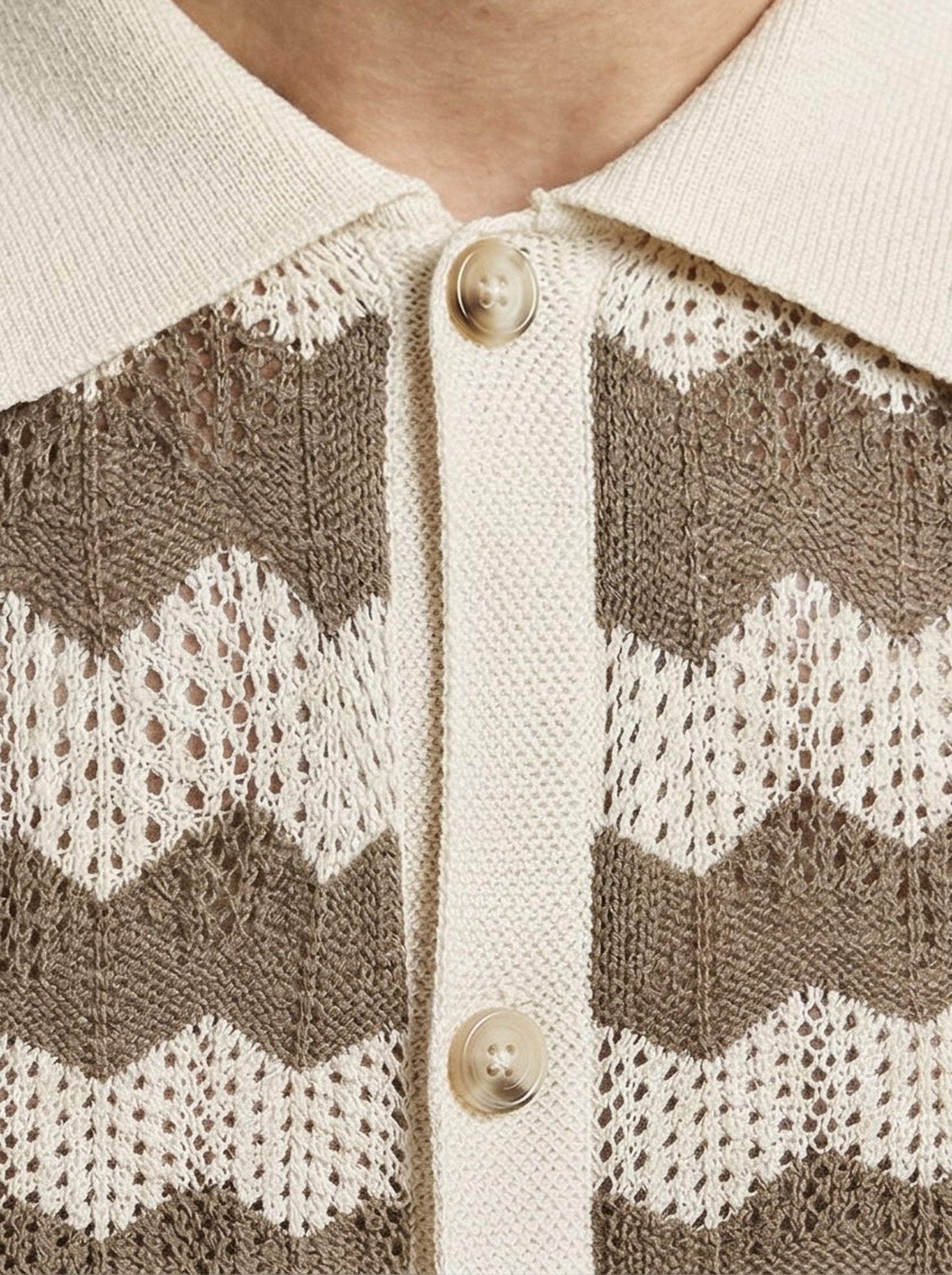 Men's Zigzag Crochet Knit Camp Collar Short Sleeve Summer Shirt