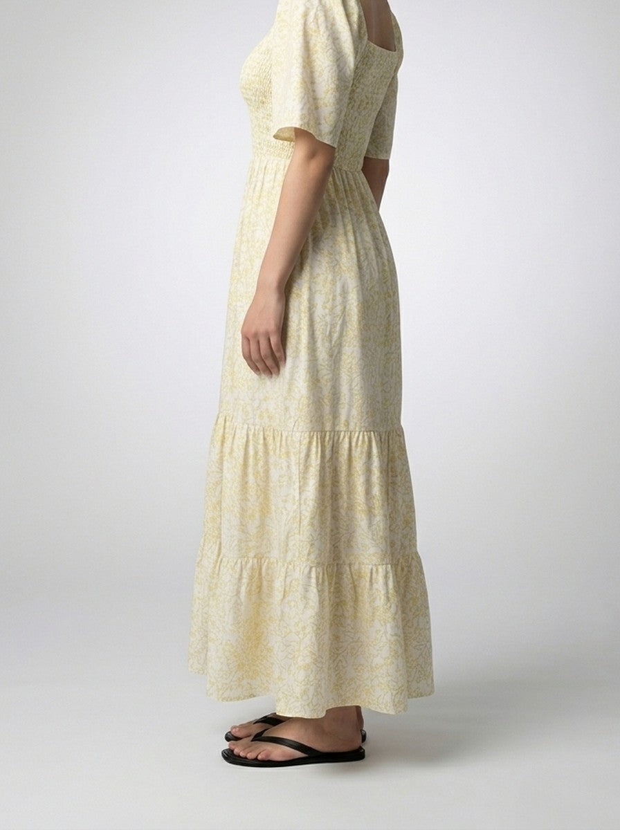 Women's Floral Sweetheart Neck Flutter Sleeve Tiered Summer Maxi Dress