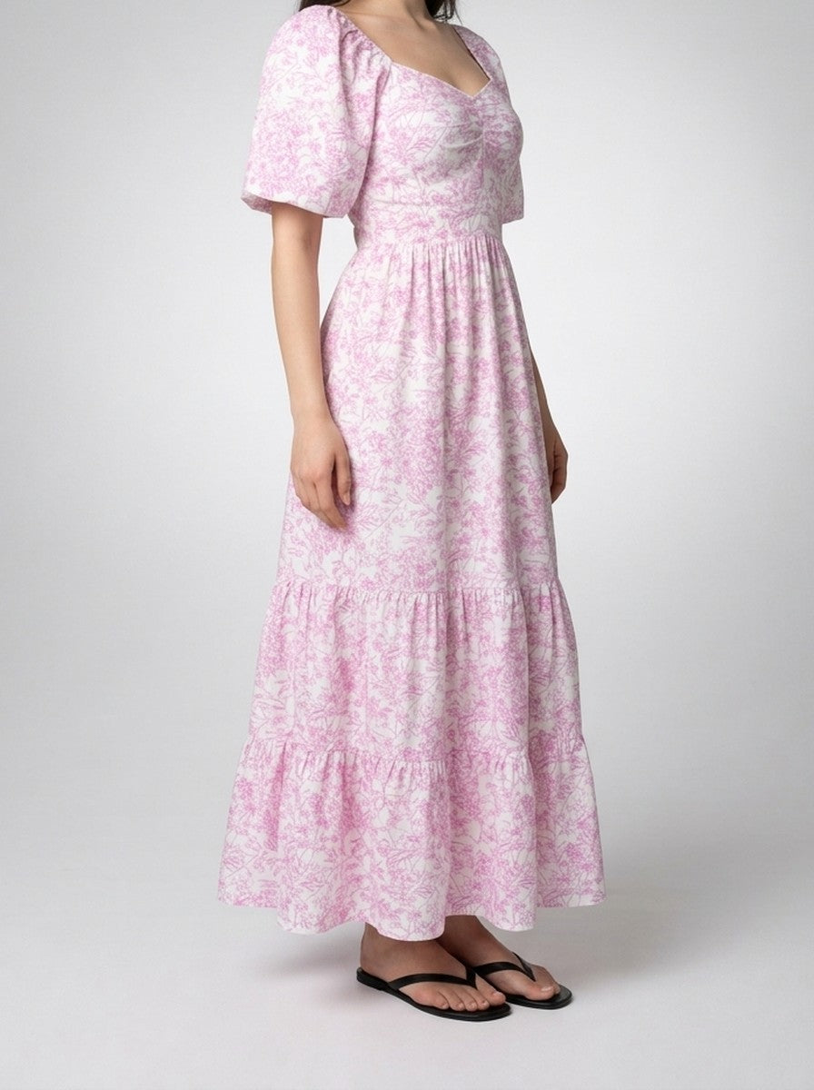 Women's Floral Sweetheart Neck Flutter Sleeve Tiered Summer Maxi Dress