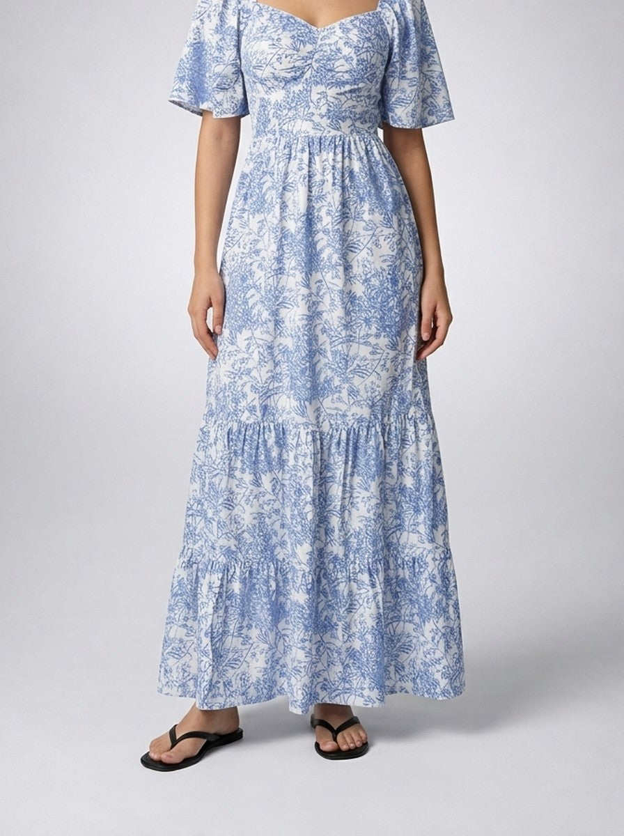 Women's Floral Sweetheart Neck Flutter Sleeve Tiered Summer Maxi Dress