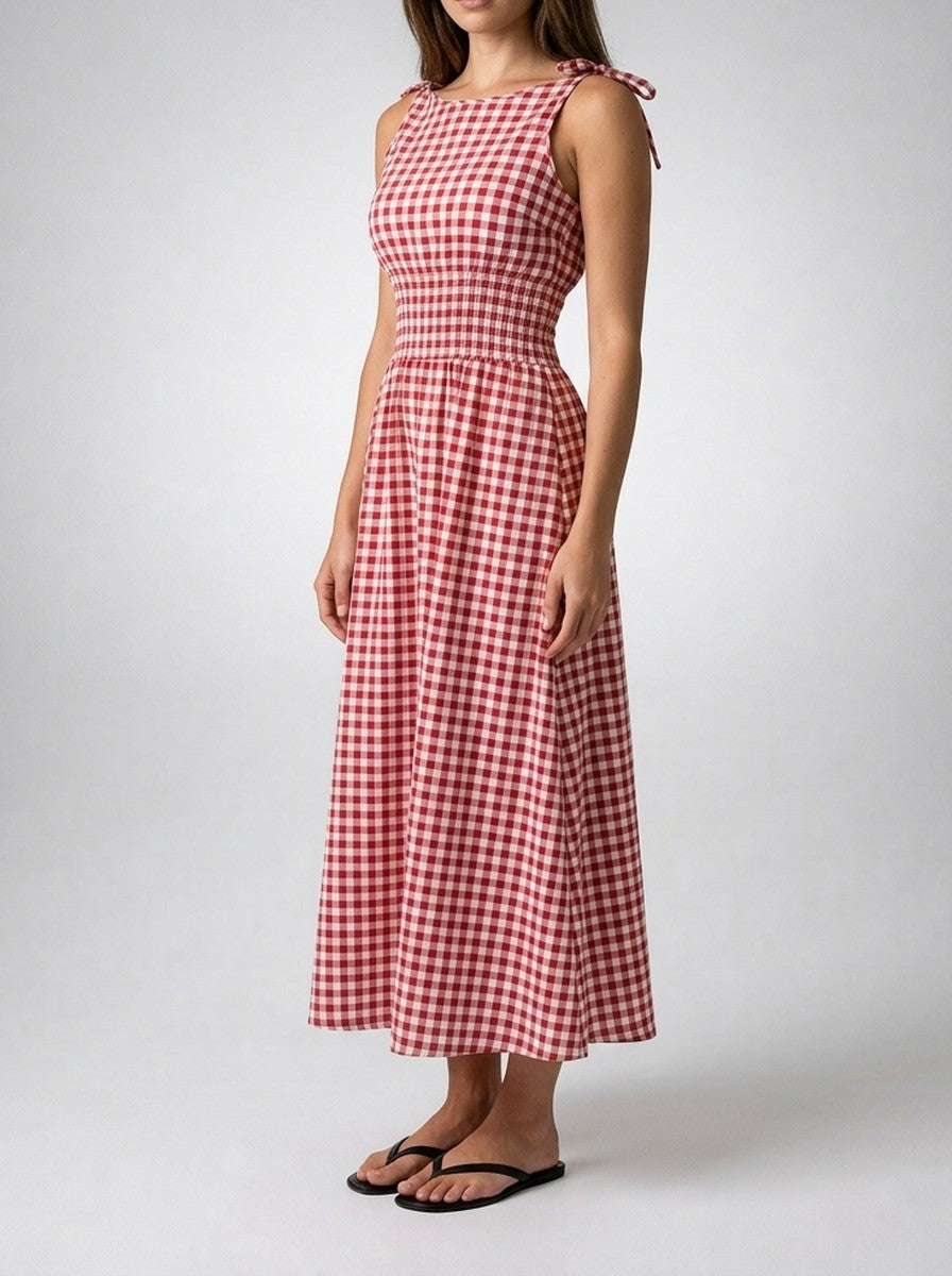 Women's Gingham Round Neck Sleeveless A-Line Summer Midi Dress