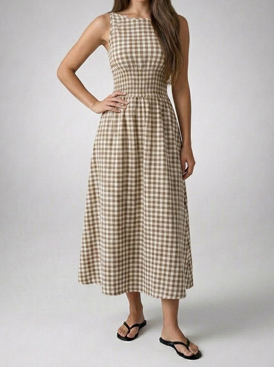 Women's Gingham Round Neck Sleeveless A-Line Summer Midi Dress