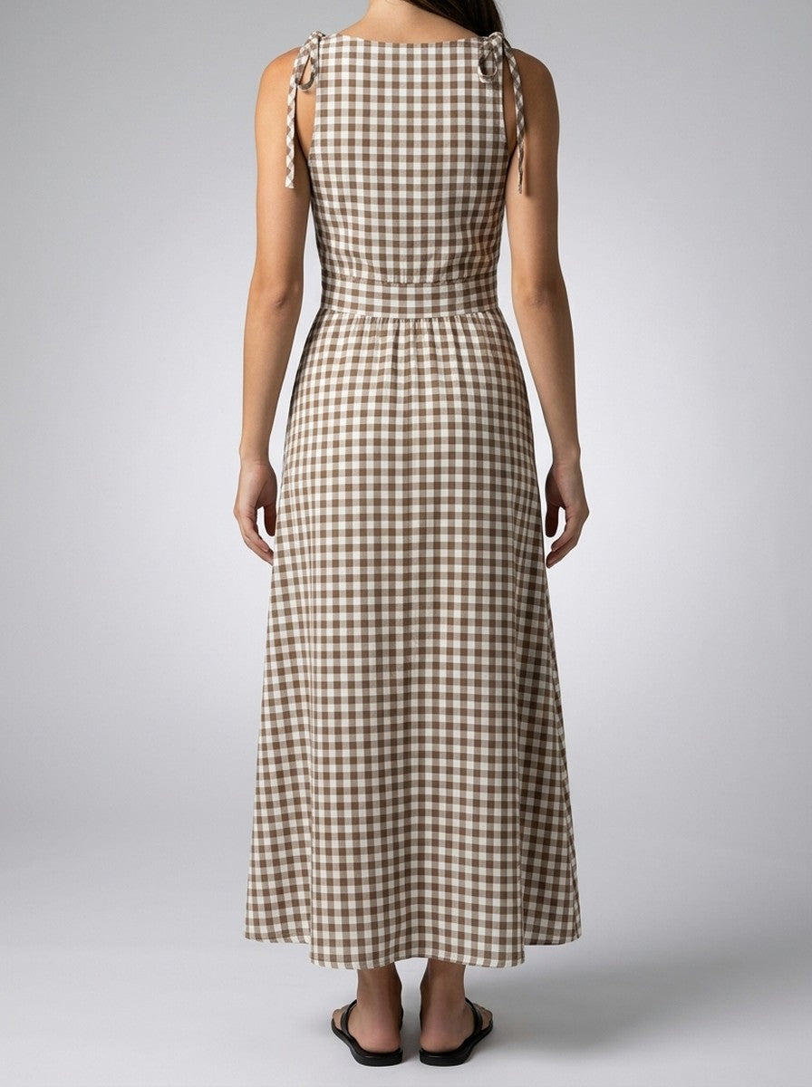 Women's Gingham Round Neck Sleeveless A-Line Summer Midi Dress
