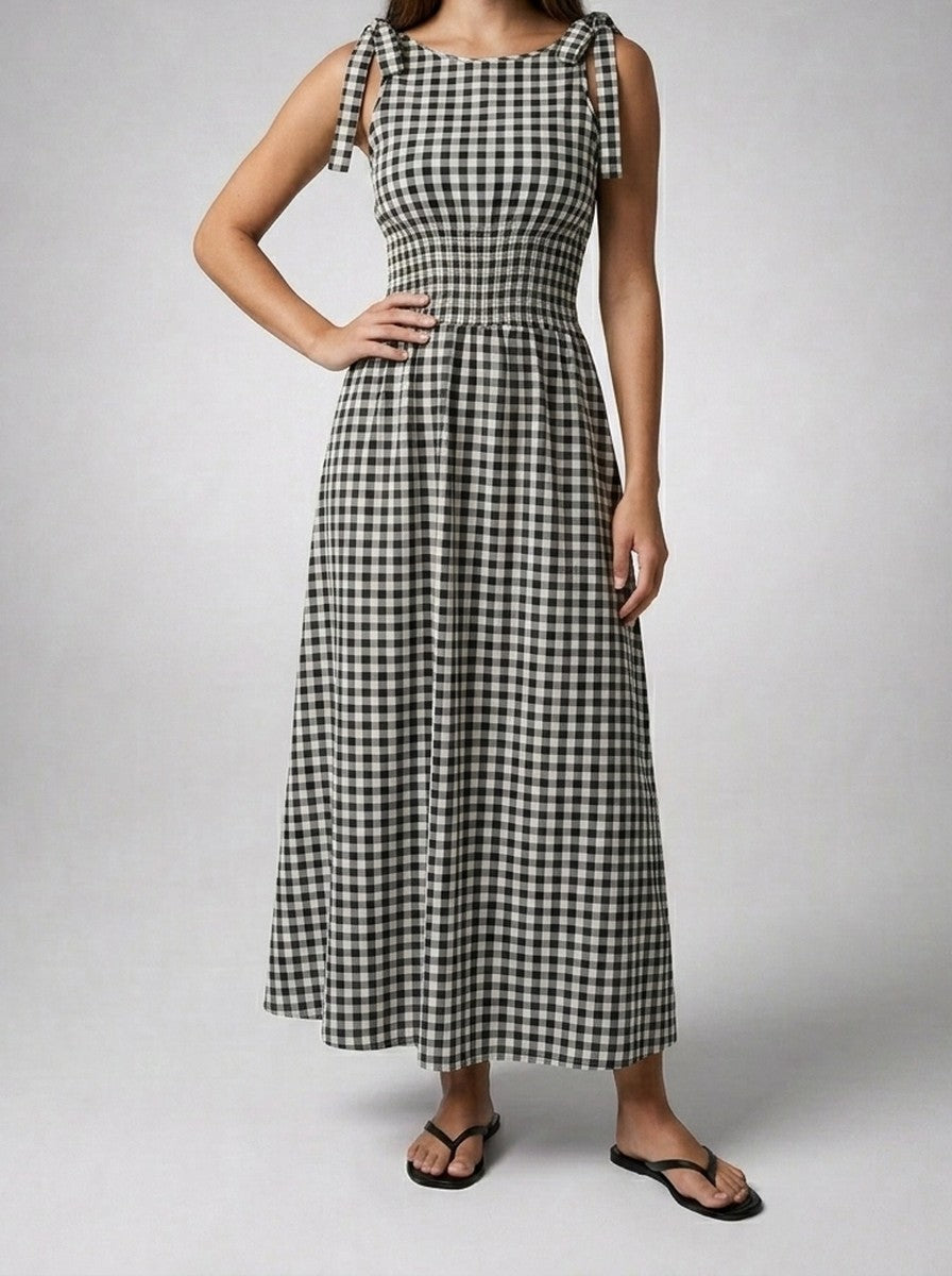 Women's Gingham Round Neck Sleeveless A-Line Summer Midi Dress