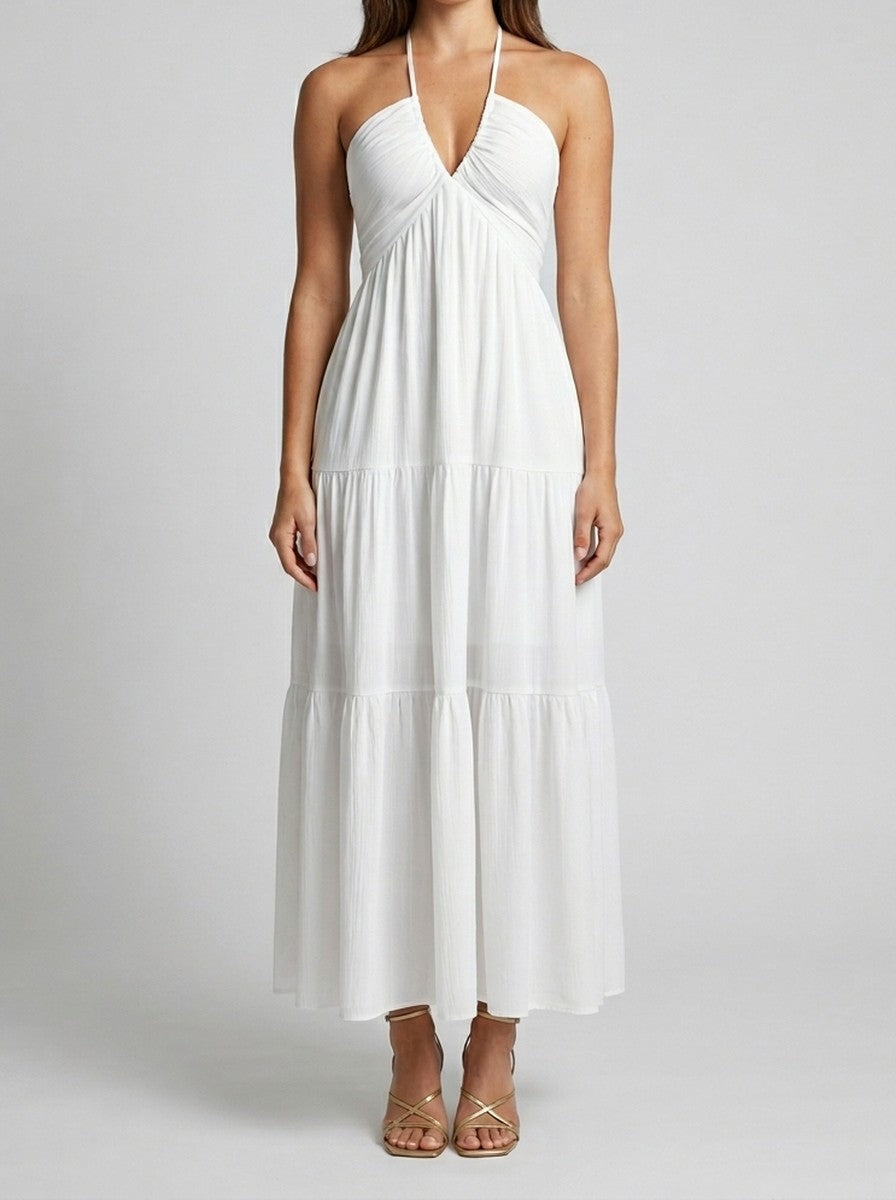 Women's Halter V-Neck Tiered Sleeveless Occasion Maxi Dress