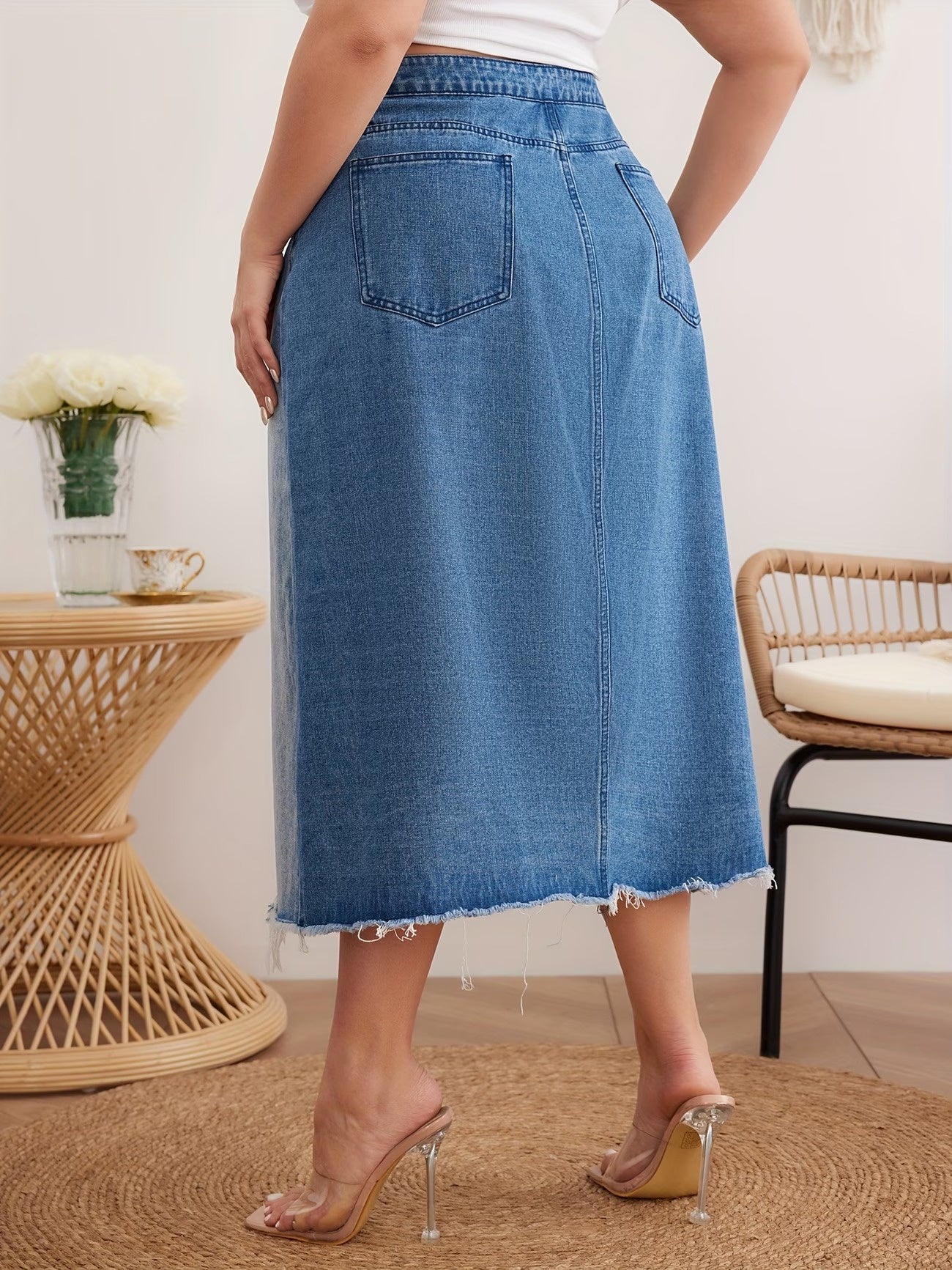 Women’s Paneled Midi Skirt with Frayed Seams