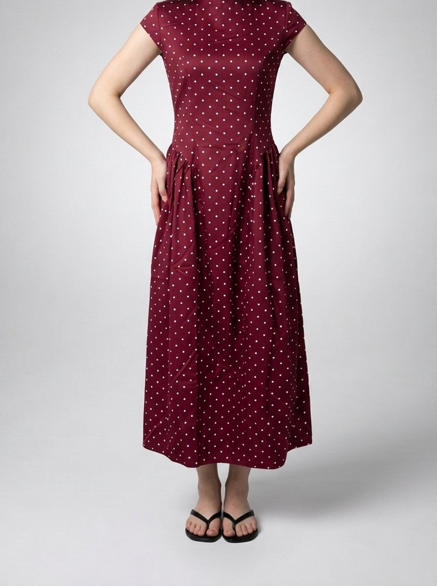 Women's Polka Dot Round Neck Cap Sleeve A-Line Summer Maxi Dress