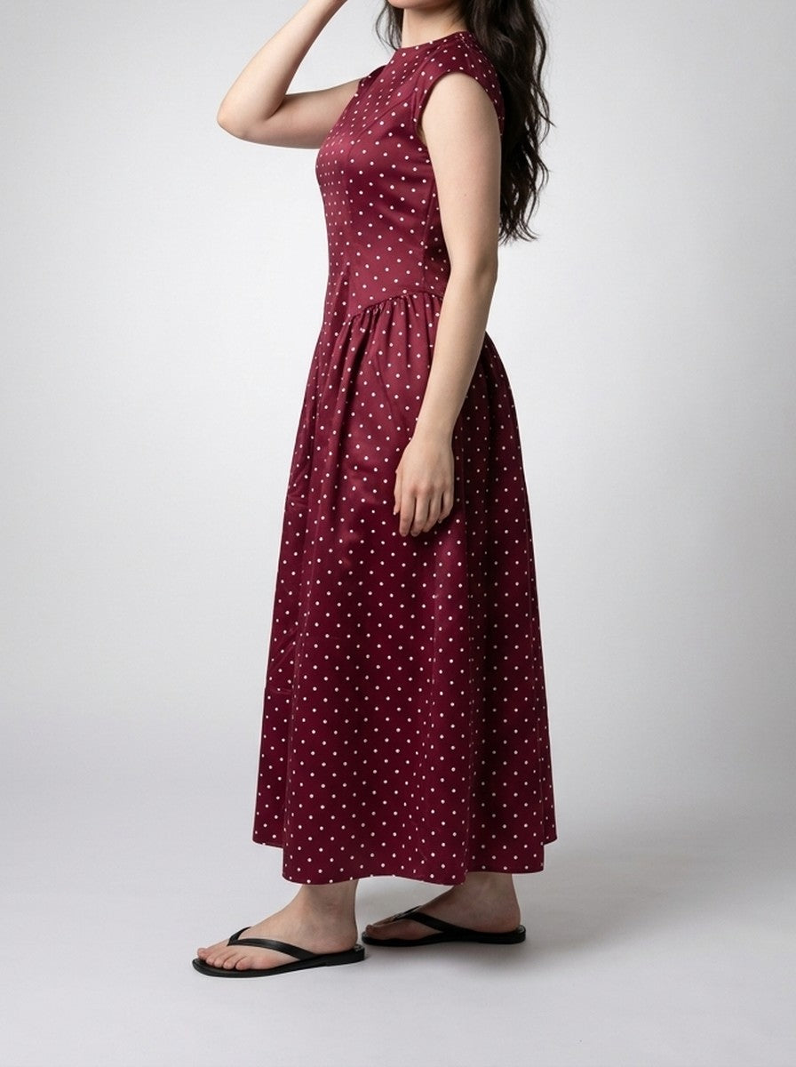 Women's Polka Dot Round Neck Cap Sleeve A-Line Summer Maxi Dress