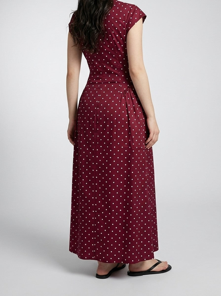 Women's Polka Dot Round Neck Cap Sleeve A-Line Summer Maxi Dress