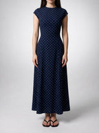 Women's Polka Dot Round Neck Cap Sleeve A-Line Summer Maxi Dress