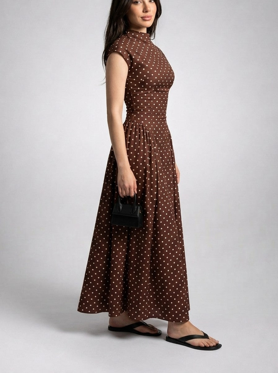 Women's Polka Dot Round Neck Cap Sleeve A-Line Summer Maxi Dress