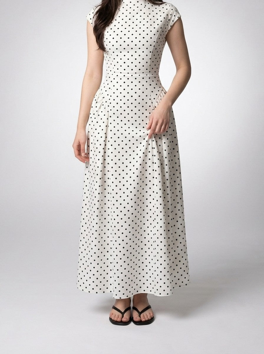 Women's Polka Dot Round Neck Cap Sleeve A-Line Summer Maxi Dress