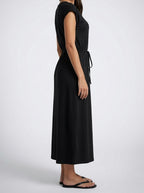 Women's Round Neck Short Sleeve Drawstring Waist Summer Midi Dress