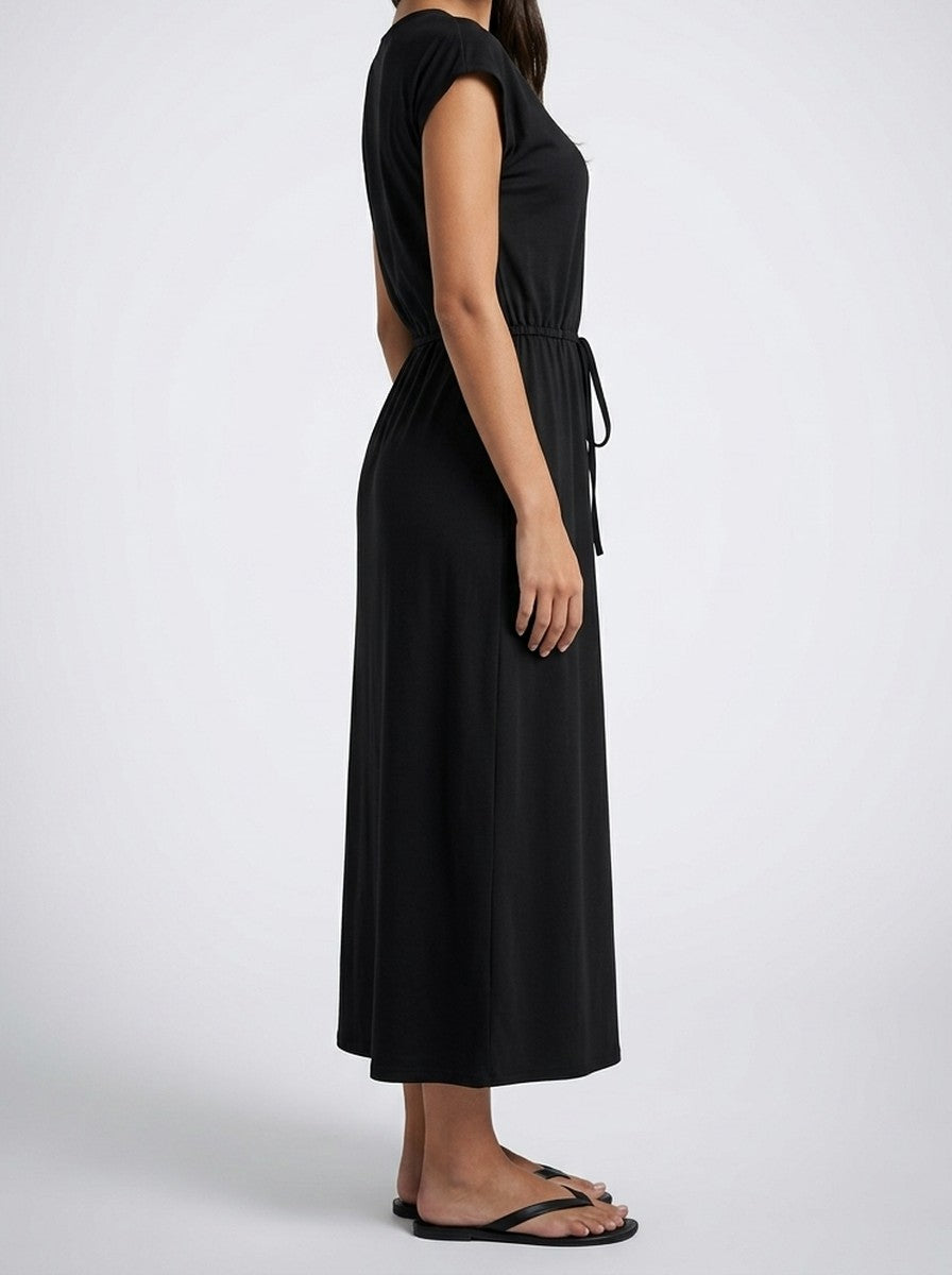 Women's Round Neck Short Sleeve Drawstring Waist Summer Midi Dress