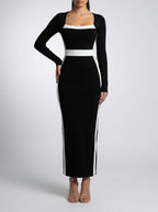 Women's Square Neck Long Sleeve Colour Block Mermaid Maxi Dress