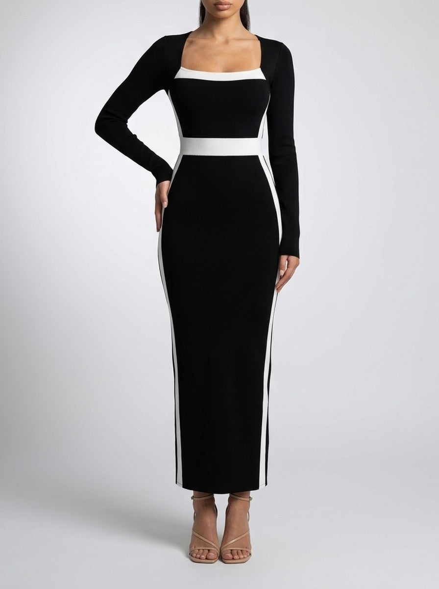 Women's Square Neck Long Sleeve Colour Block Mermaid Maxi Dress