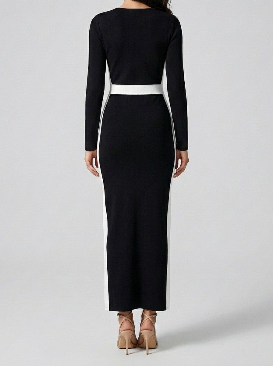 Women's Square Neck Long Sleeve Colour Block Mermaid Maxi Dress