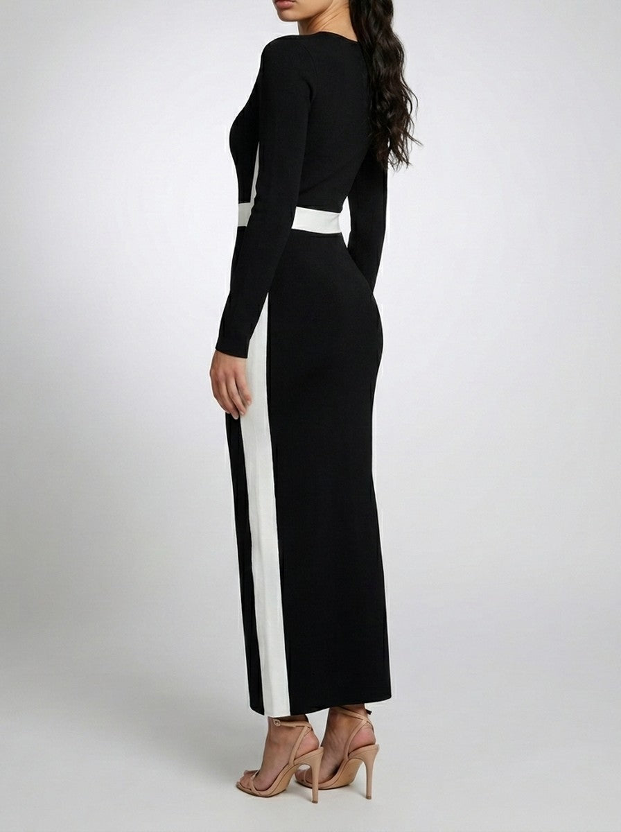 Women's Square Neck Long Sleeve Colour Block Mermaid Maxi Dress