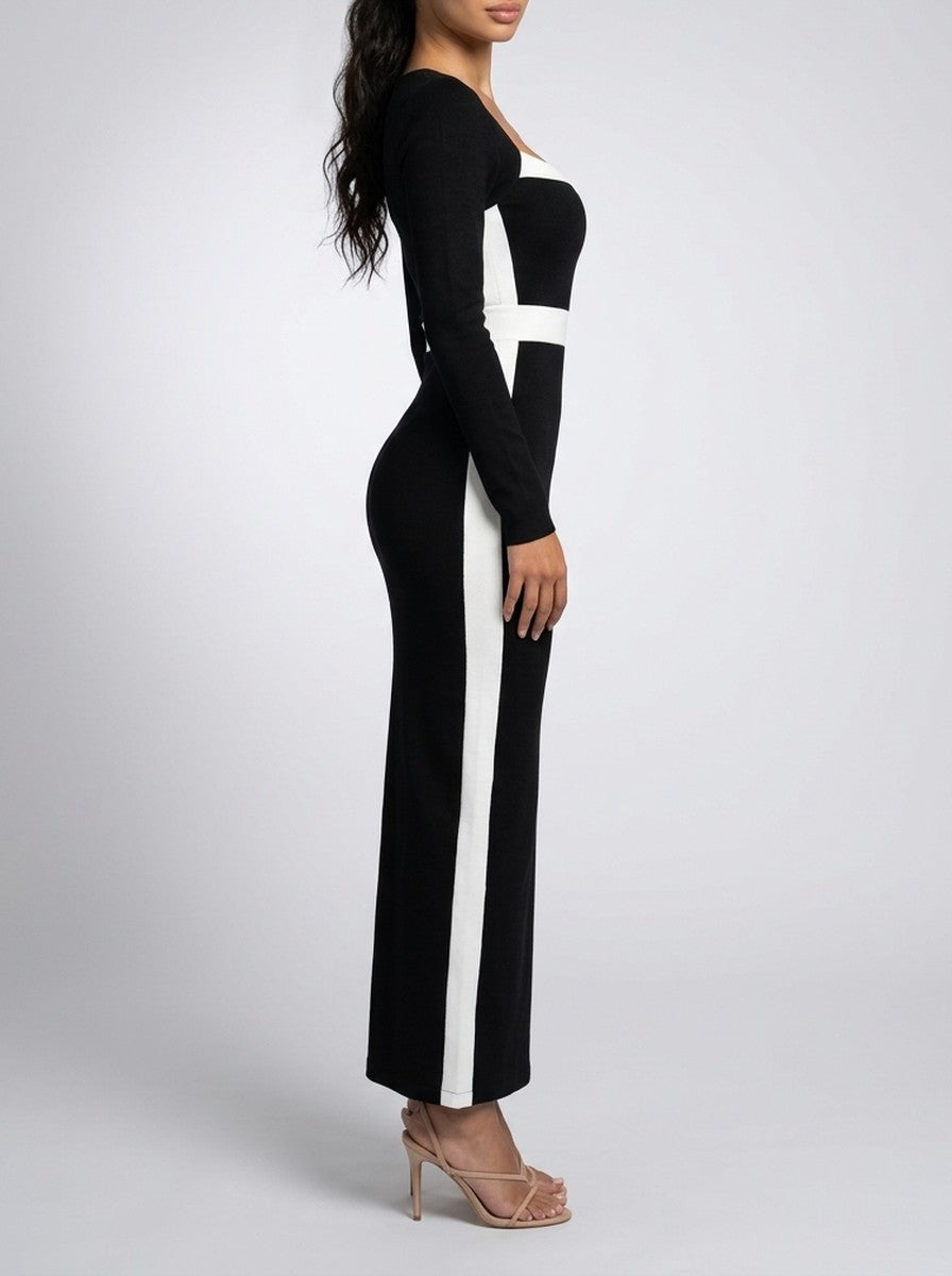 Women's Square Neck Long Sleeve Colour Block Mermaid Maxi Dress